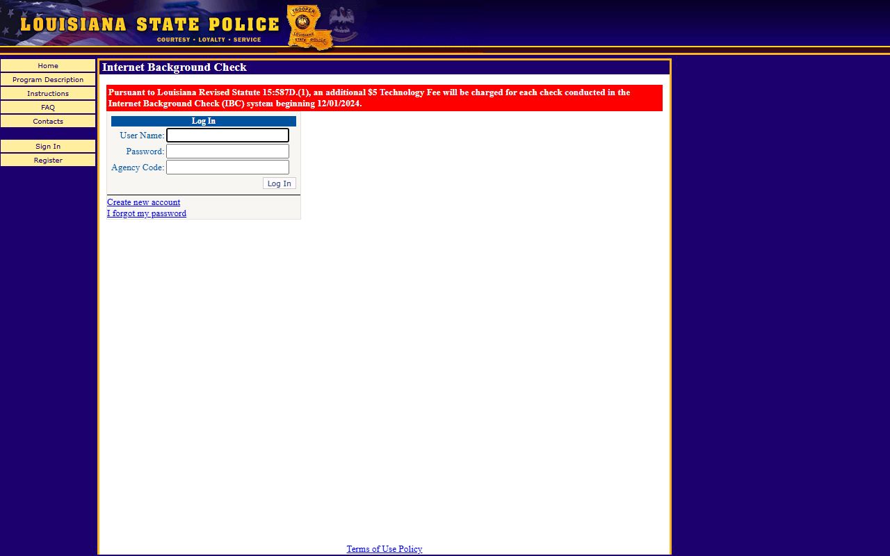 Louisiana State Police Internet Background Check system for jail mugshots research